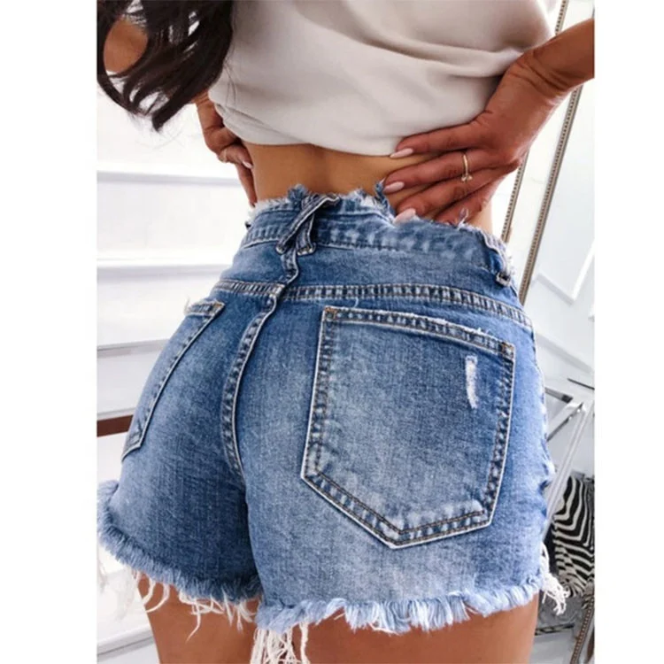 

Guangzhou factory direct sales hot women's denim shorts in the waist tassel hole sexy denim shorts women