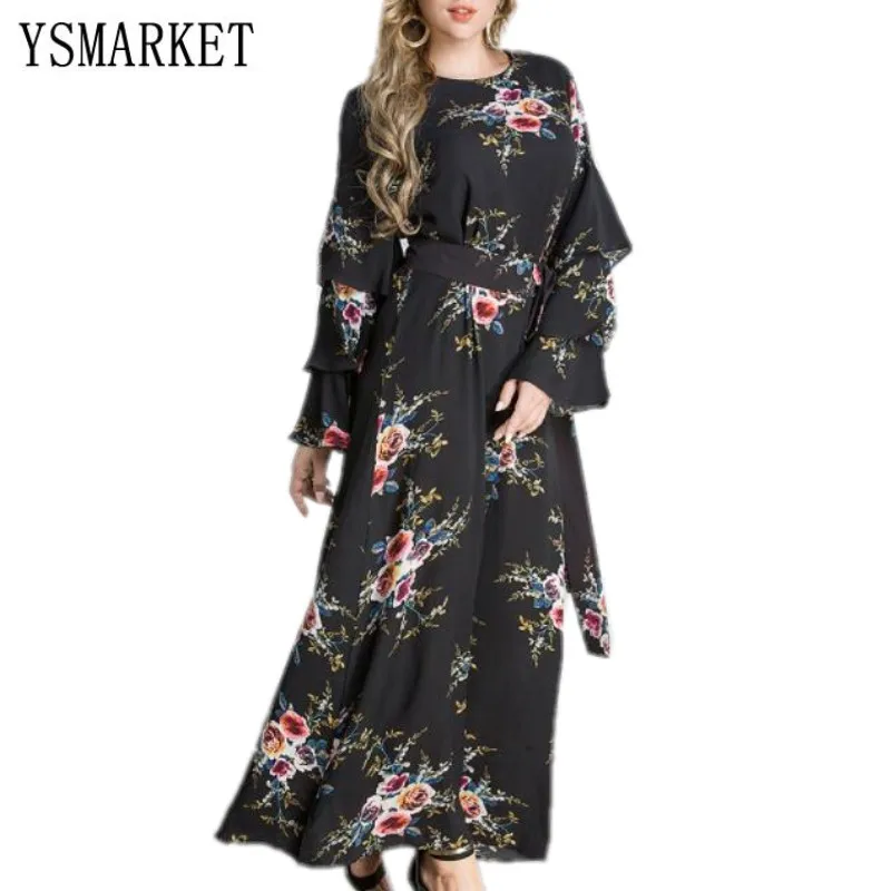 

M-7XL Plus Size Ladies Modest Fashion Dresses For Women Abaya Floral Long Sleeve Maxi Muslim Dress Print Clothing Autumn E9071