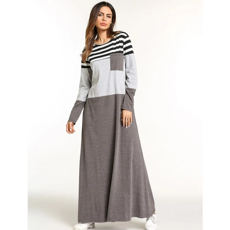 

YSMARKET Hot Sale Hit Color Stitching Stripes Women Casual Dress With Long Sleeves Arabian Robe Vintage Maxi Dresses Autumn Wear