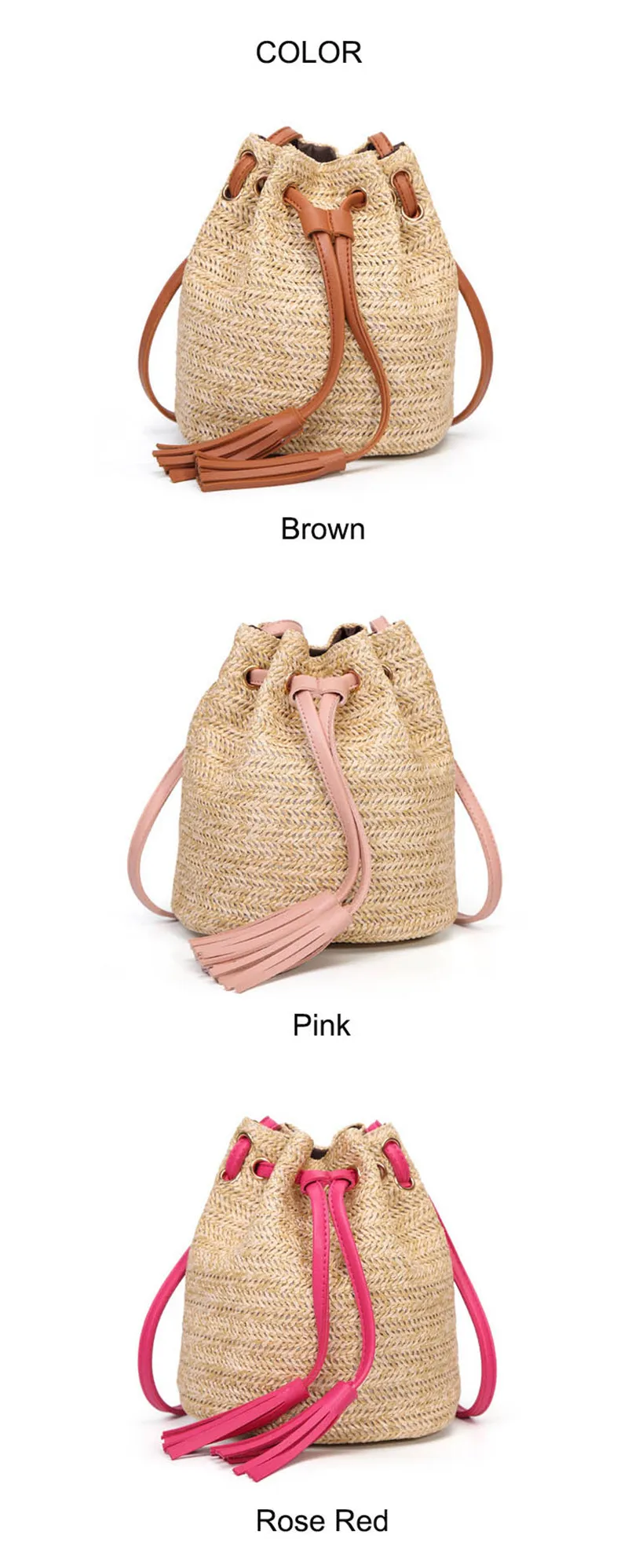 Wholesale Girls Natural Straw Bucket Beach Bag Straw Crossbody Bag