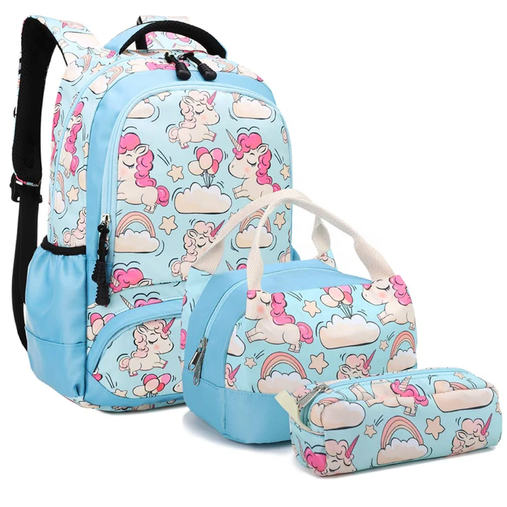 

2021 3 in 1 Children School Backpack 3D Cartoon Animals Unicorn Design Waterproof Kids School Bags For Baby Girls Kindergarten, Pink and sky blue