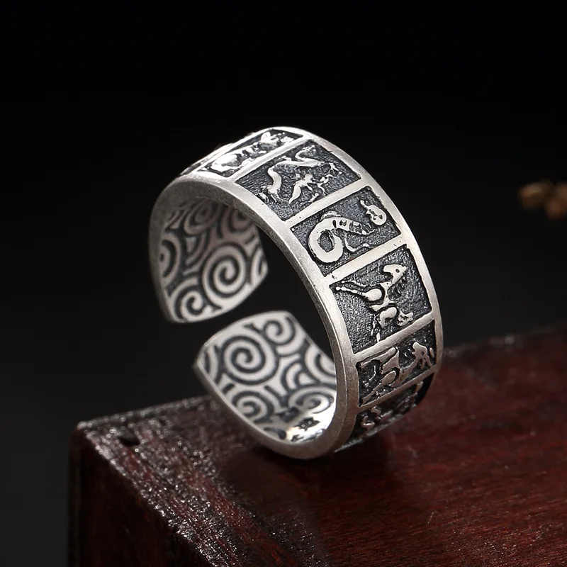

S990 Sterling Silver 12 Chinese Zodiac Animal Auspicious Clouds Vintage Adjustable Ring Jewelry for Men and Women