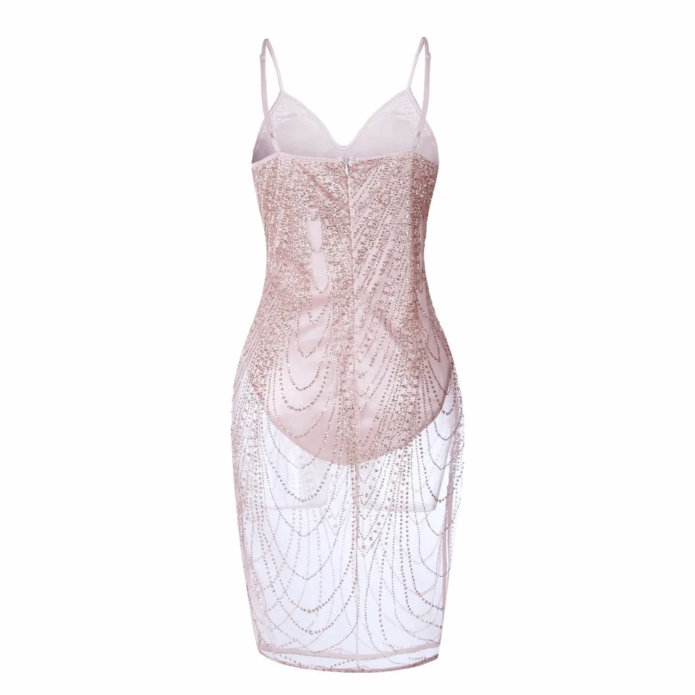 

2018 latest wholesale female fashion pink sequin mesh sleeveless strap night club bocycon sexy women short net material dresses, Pink net dresses