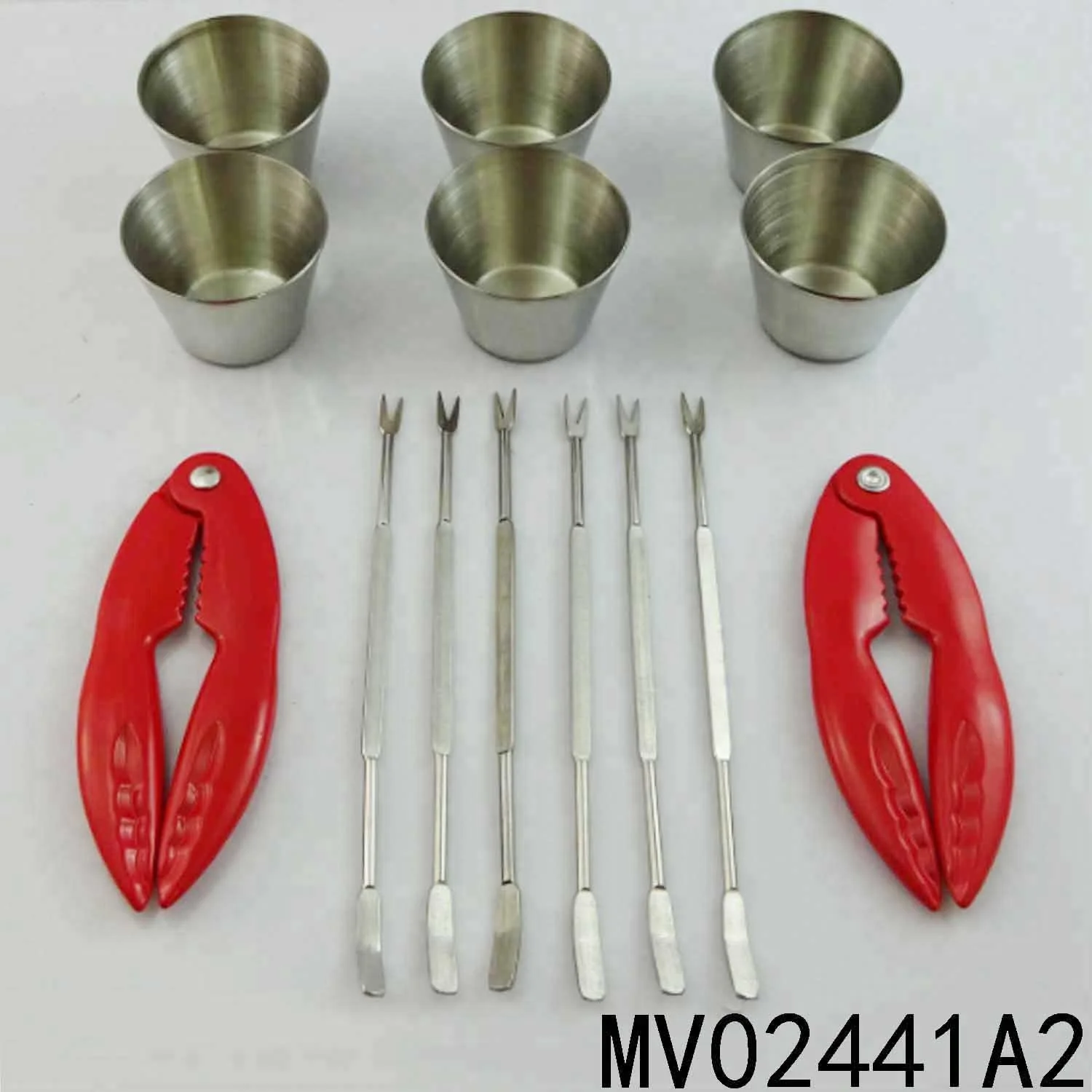 
NEW DESIGN STAINLESS STEEL SEAFOOD SERVING SETS WITH 2 LOBSTER CRACKERS+8 FORKS+8 CONDIMENT SAUCE CUPS 