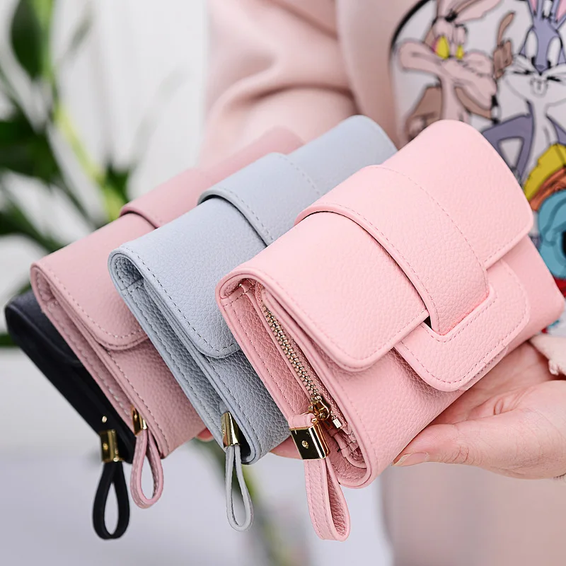 

Korean Style 3 Fold Multifunction Wallet Women Small Short Pink Wallet, As shown