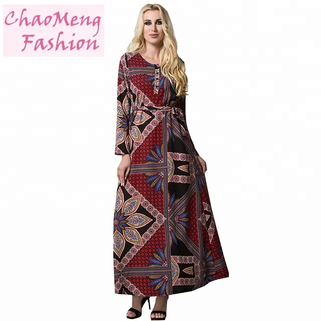 

5069# Wholesale ethnic clothing women casual floral prints A line autumn dress with belt, As shown/customized