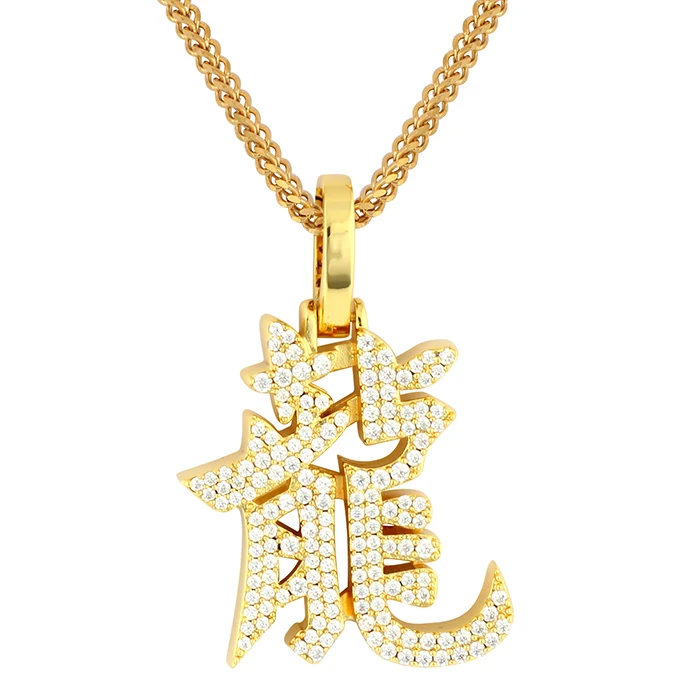 

Miss Jewelry Unique Design CZ Diamond Paved 18k Gold Chines Letter Dragon Necklace Pendant for Mens, 14k 18k gold/silver