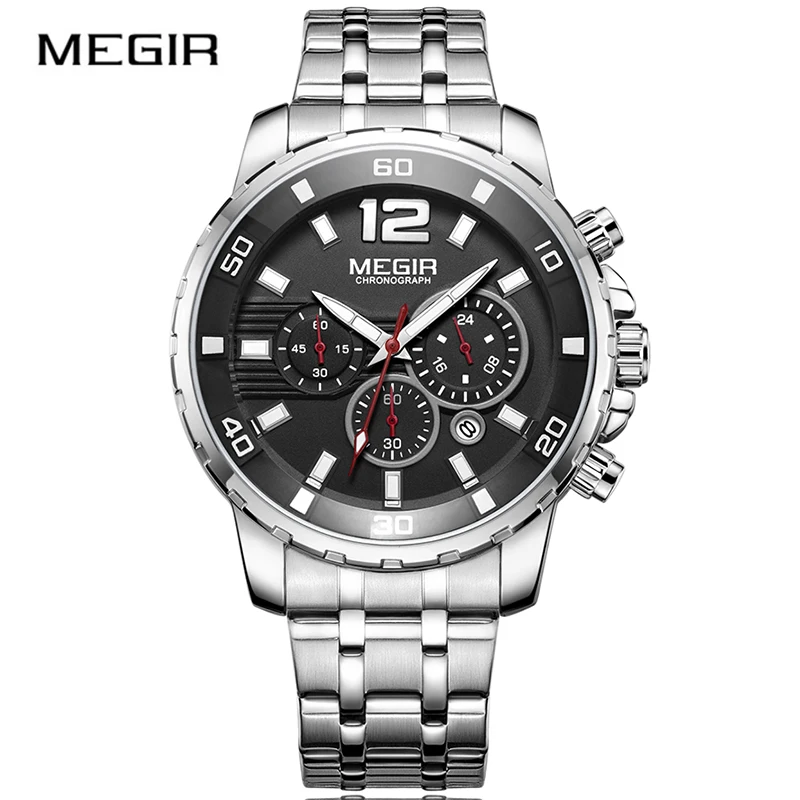 

Megir 2068 Luxury Men Fashion Wrist Watch Stainless Steel Calendar Clock Luminous Round Dial Brand Chronograph Quartz Watch New