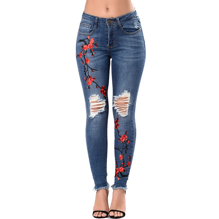 Latest Design Dark Blue Embroidery High Quality High Waist Women Jeans