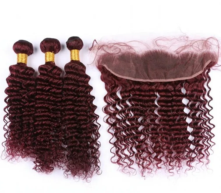 

Wholesale 99j burgundy color 10 inch deep wave brazilian hair frontal lace closure with bundles