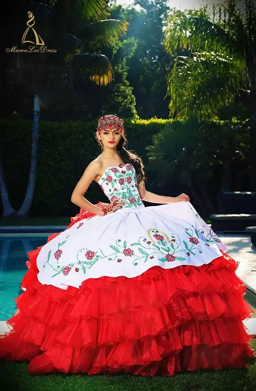 
Strapless Ball Gown Embroidery 2019 Custom Made Tiered Flower Red And White Quinceanera Dresses custom dress manufacturer 