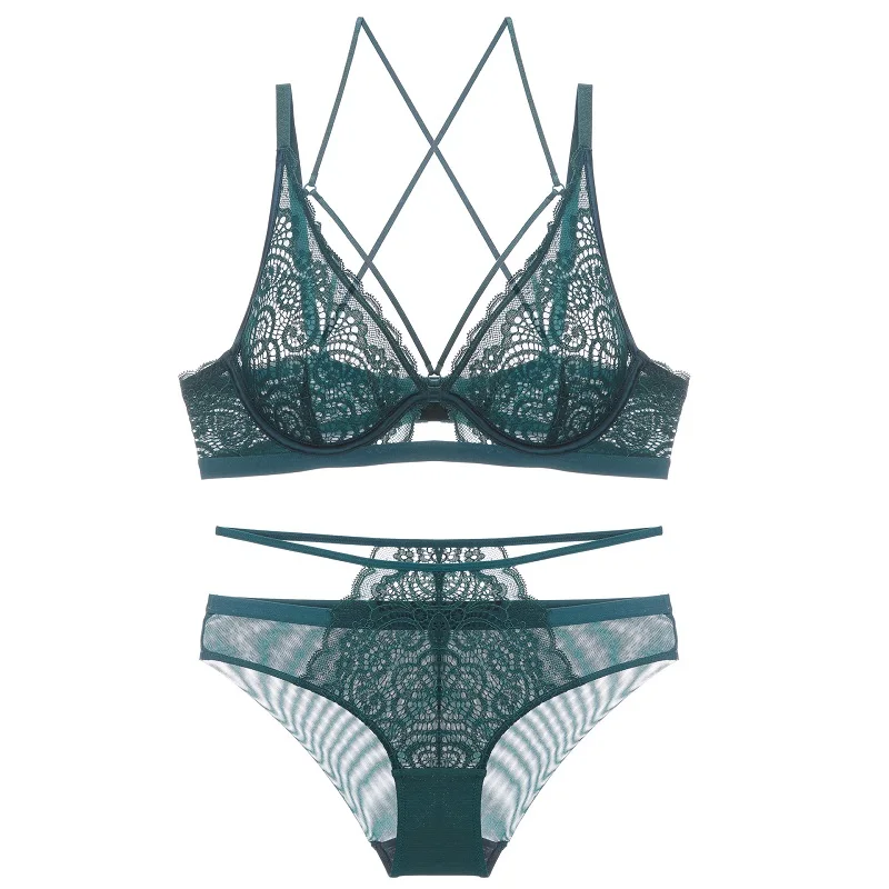 

Women Embroidery Bandage Straps Lace Ultra-thin Bra Set Transparent Triangle Bra and Briefs Set Plus Size