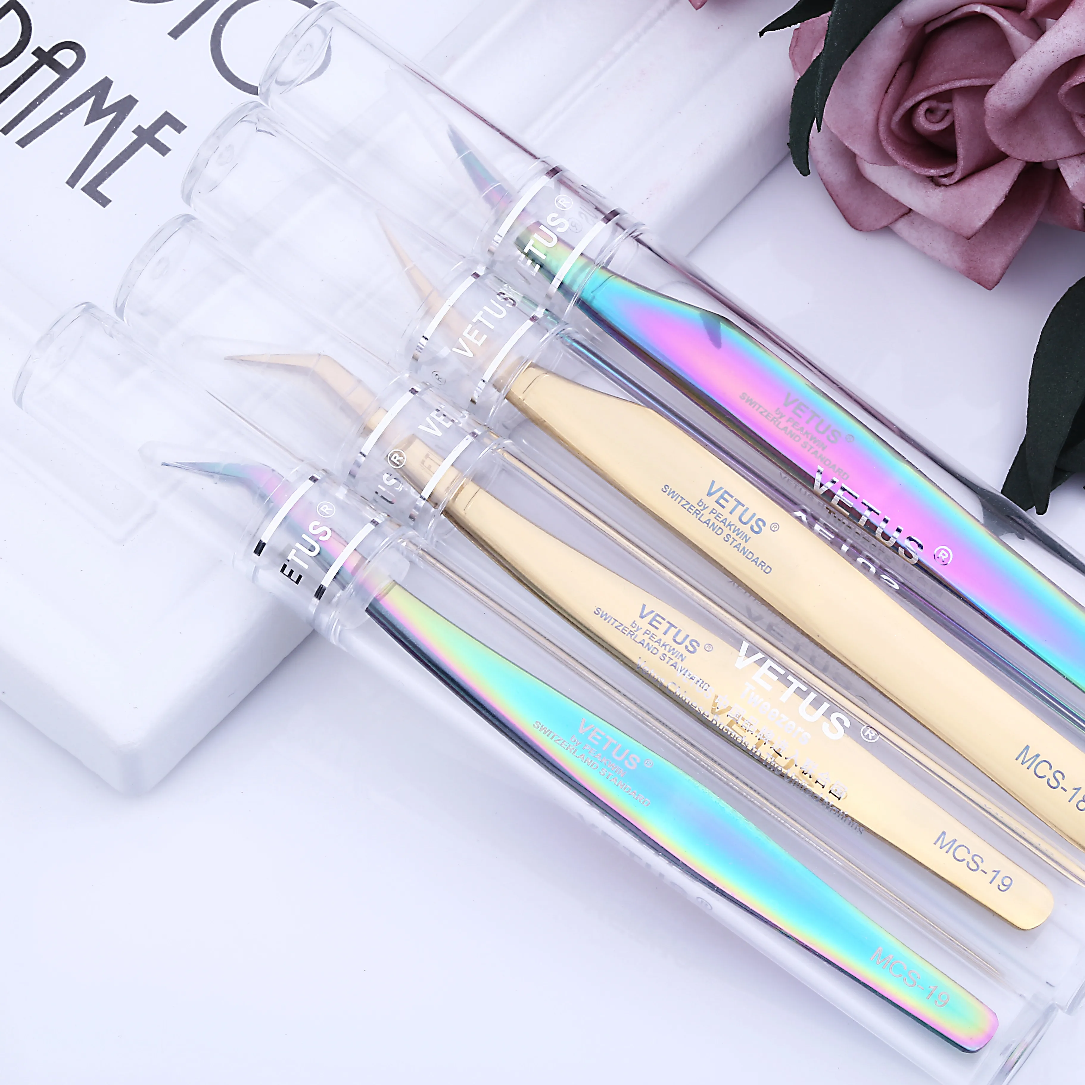 

VETUS High Quality Rainbow Grafted tweezers eyelash extension, Eyelash Extension Tweezers, Colorful/gold