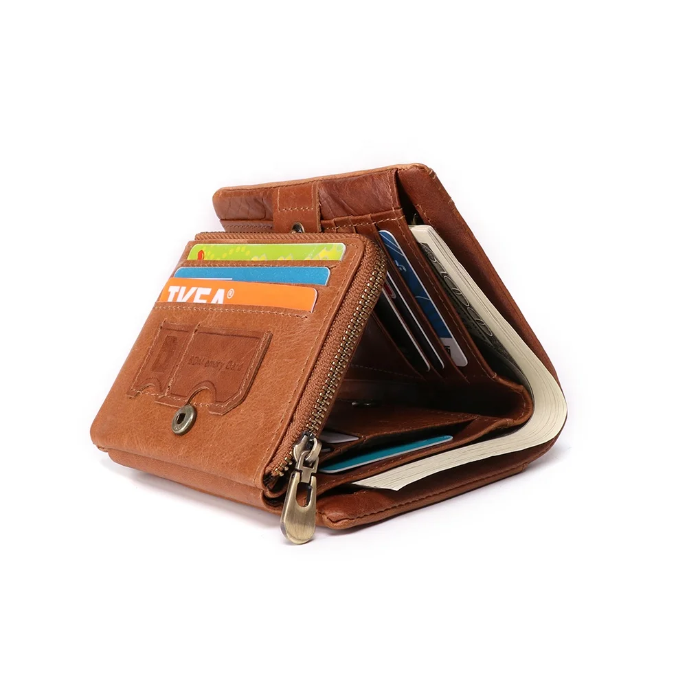 

High Quality oem Crazy Horse Card Zipper Bifold Wallet Travel Mens Rfid Genuine Real Pure Leather Wallet For Men