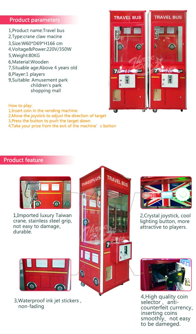 Threeplus Travel Bus Claw Crane Machine Bill Acceptor Plush Toys Vending Crane Gift Machine