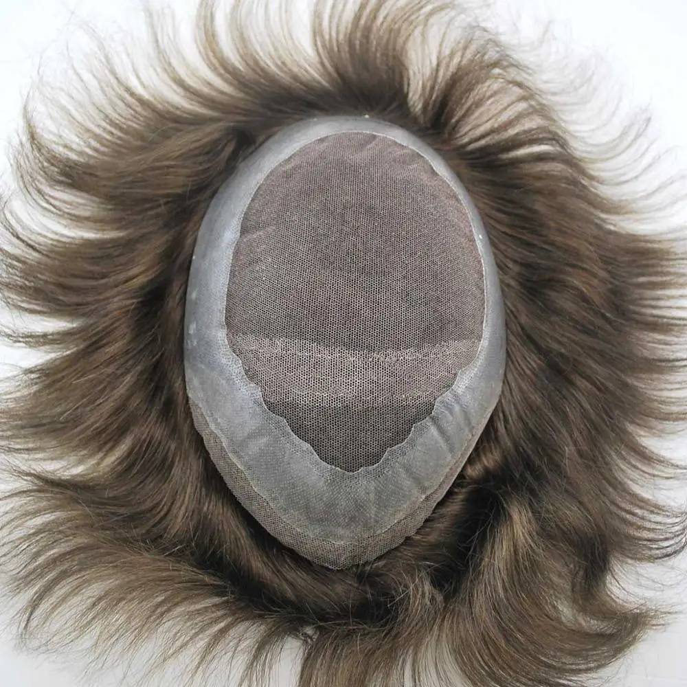 

Stock human hair unit ash brown hairpieces french lace for men