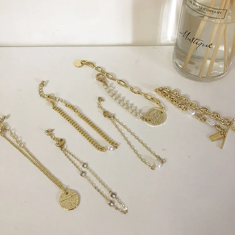 

rectangle love heart letter bracelet vintage CZ square pendant pearl real 18k gold plated bracelet minimalist Korean bracelet, As photo