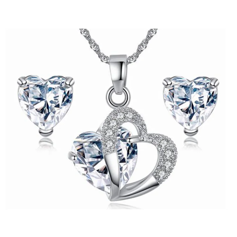 

rhinestone double heart shaped pendant necklace & earring for women