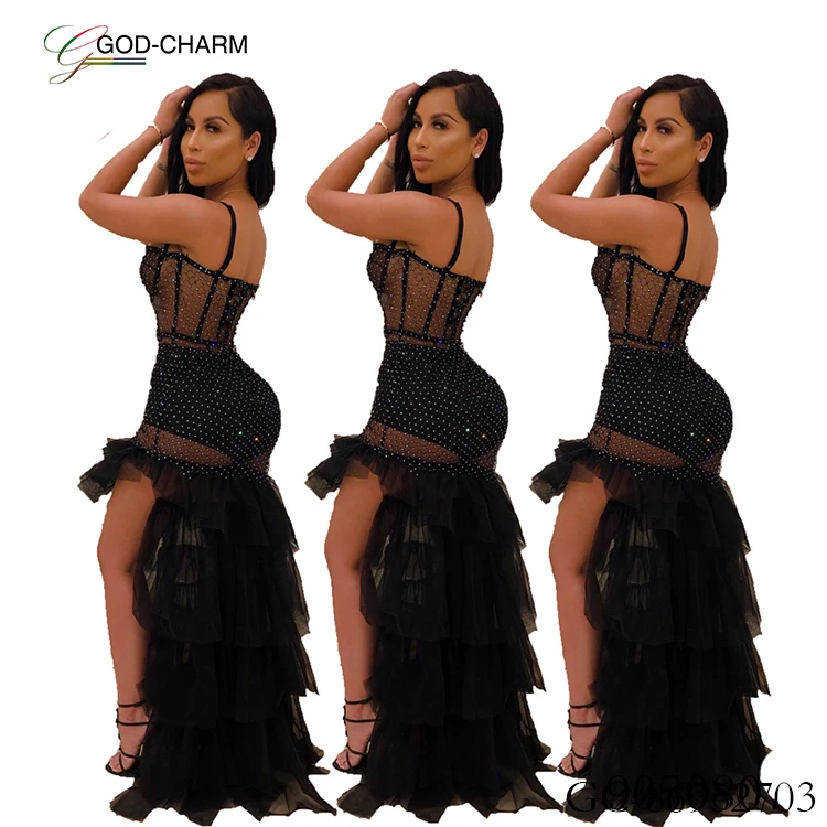 

GC-86952703 God-Charm wholesale sexy Women sexy rhinestone mesh transparent slim maxi dress