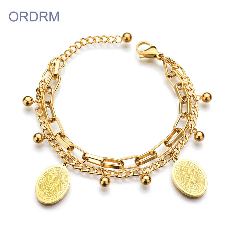 

Stainless Steel Gold Plated Virgin Mary Bracelet Christian Ladies