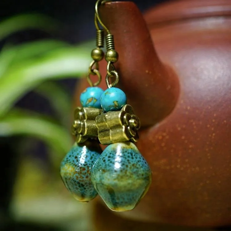

New Ethnic earrings handmade vintage dangle earrings jewelry,Chinese wind copper accessory ceramic earrings, N/a