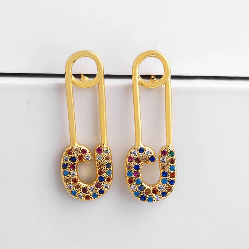 18K Gold Plating Rainbow CZ Safety Pin Hoop Huggie Earrings Colorful Crystal CZ Safety Pin Earrings