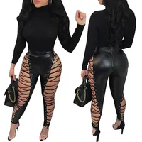 

2018 Latest Design Hollow Bandages Black Sexy PU Leather Jumpsuit Womens