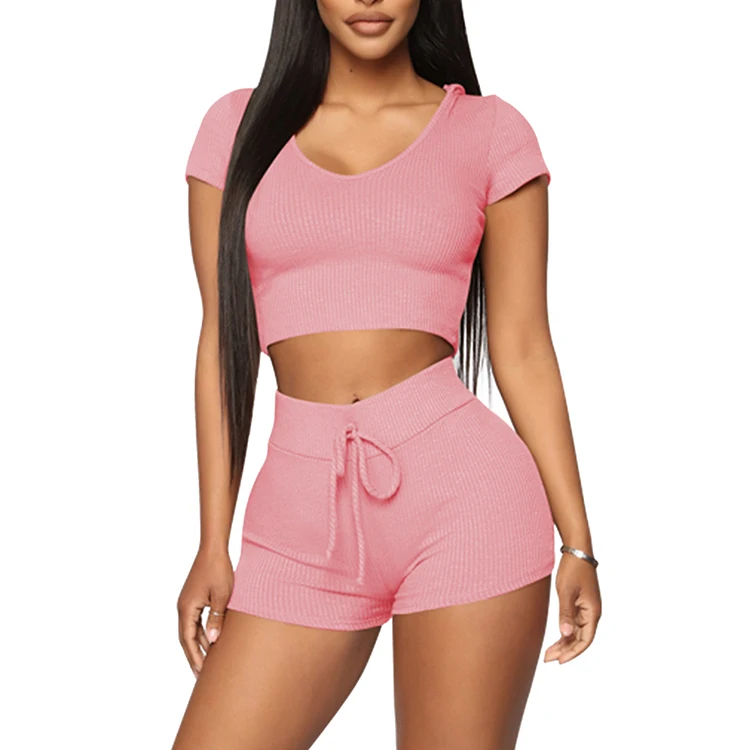 

High Quality Solid Color Two Piece Set Women Clothing Short Pants Bodycon Jumpsuit, As picture;can be change