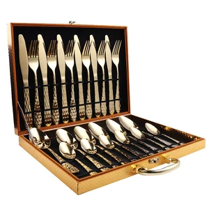 Image of Mirror polishing stainless steel flatware set 24 pcs set with wooden box