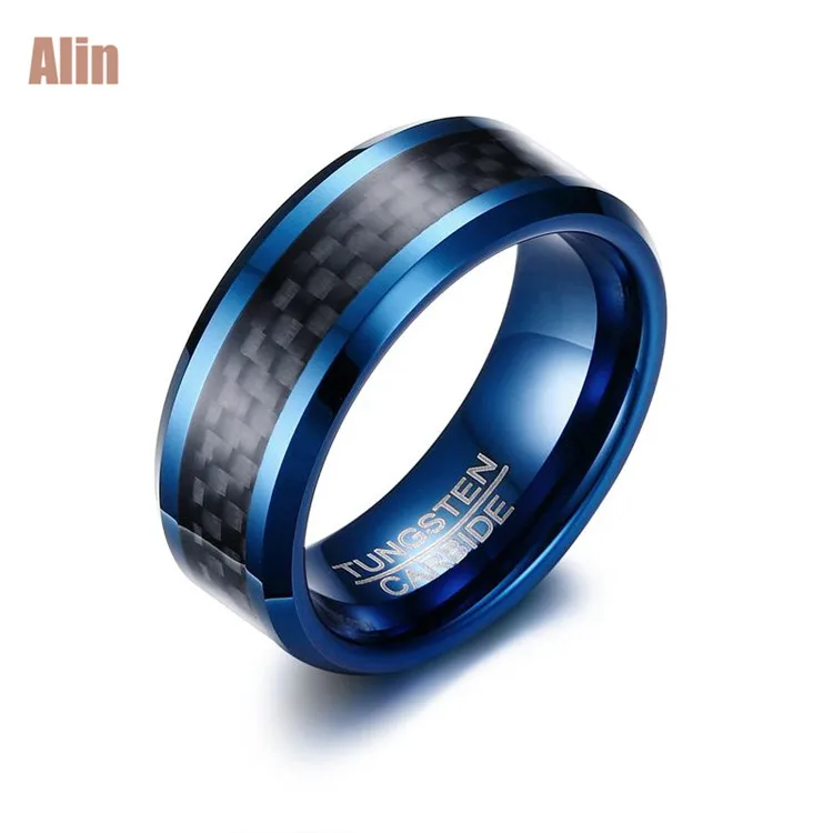 

Personalized carbon fibre material and blue high polished tungsten ring