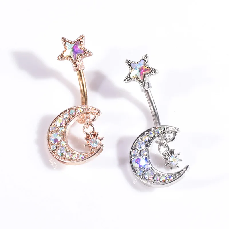 

VRIUA Star Zircon Moon Dangle Navel Piercing Sexy Surgical Steel Belly Button Rings for Women