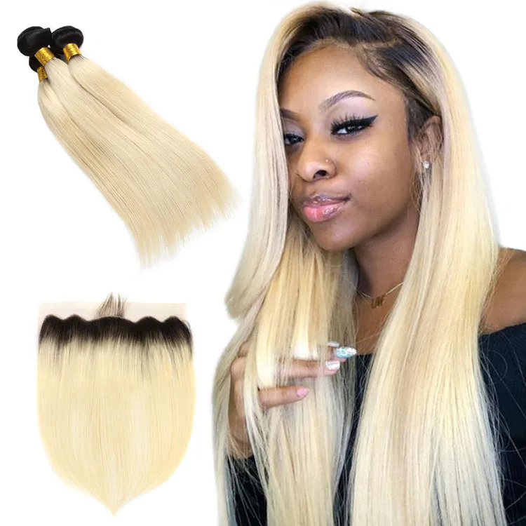 

1B 613 Blonde Black Roots Ombre Color Remy Brazilian Straight Hair Weave Bundles With Pre Plucked Ear to Ear Lace Frontal