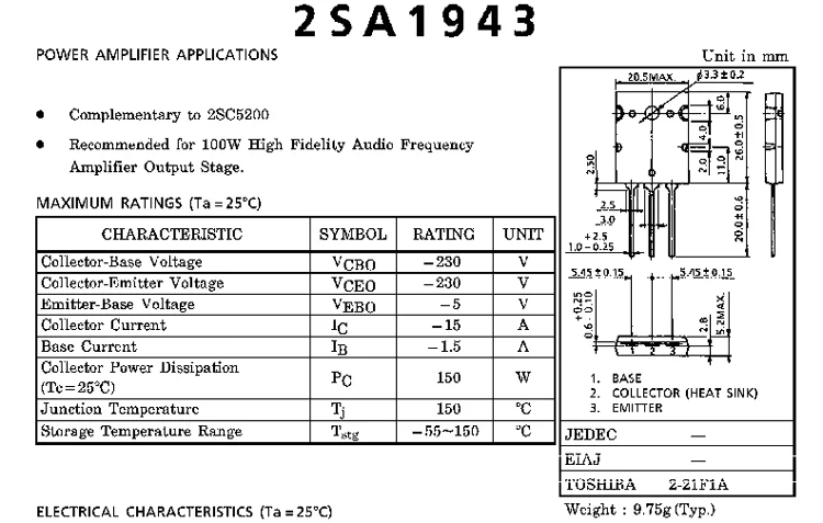audio amplifier transistor 2sa1943 2sc5200 a1943