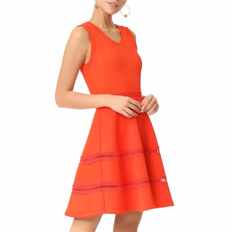 2017 Summer Oem Ladies Sleeveless Fitted Swingy Knitted Orange Dress