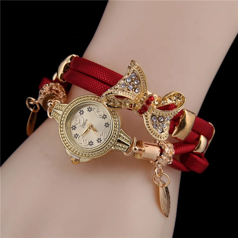 

wholesale cheap women rhinestone butterfly leaf pendant vintage watch Wrist Watches Rhinestone Delicate Female Watches