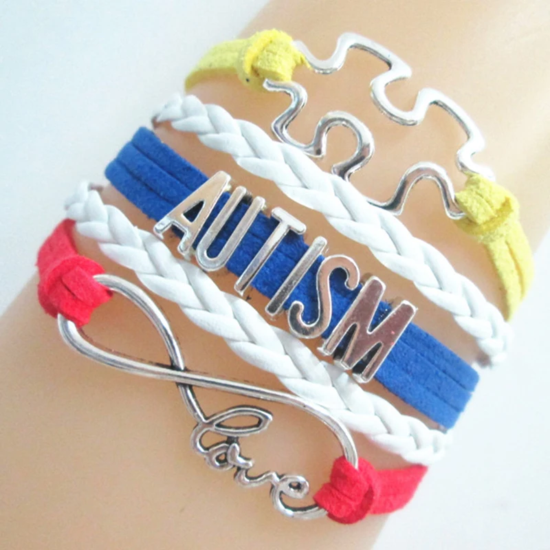 

AUTISM Letters Beaded Leather Wrap Bracelet Infinity Puzzle Charms Autism Awareness Bracelet