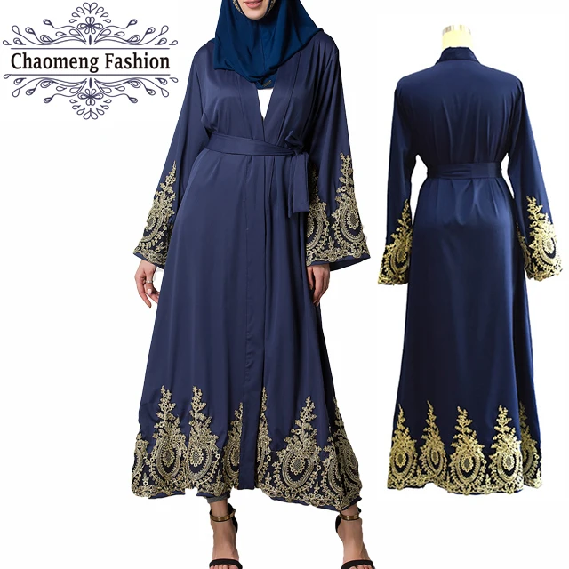 

1495# Long sleeve lace kaftan fashion modest clothing dress open kimono women new model in dubai abaya embroidery, Blue