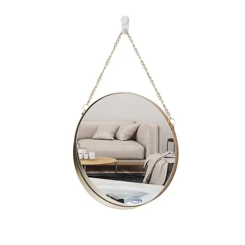 Antique Gold Metal Round Mirror with Chain Hanger