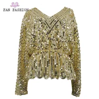 

Formal v neck plus size beaded ruffles design women long sleeve sequin blouses