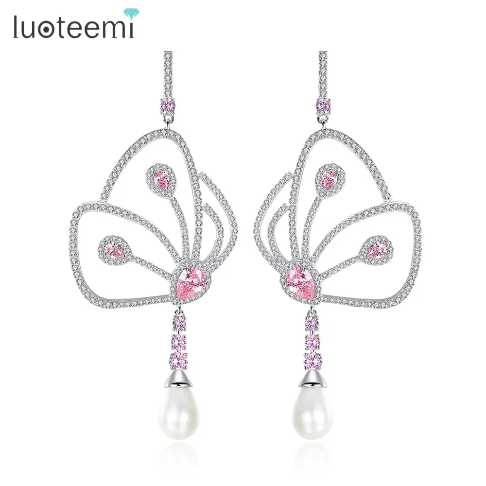 

LUOTEEMI Sweety Butterfly Micro Paved Cubic Zirconia With Imitation Waterdrop Pearl Long Dangle Wedding Earrings For Women, N/a