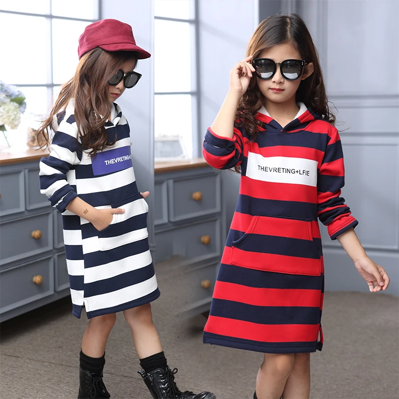 
Girls soft fabric printed stripes with hood thick casual winter hoodie 