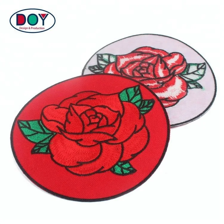 

Badges Maker Custom Design Twill Fabric Machine Embroidery Patch with Embroidered Red Rose Flower, Red;accept customized