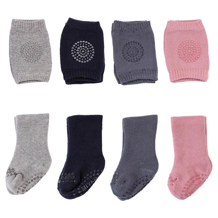 

1 set acrylic unisex baby anti slip socks and knee pads protector for crawling, Gray;dark grey;pink;dark blue