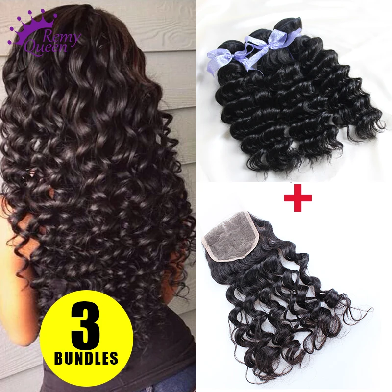 Peruvian Deep Wave Virgin Hair With Lace Closure Human Hair Weave Lace Closure With Bundles Peruvian