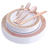 

Disposable Plastic Plates Rose Gold Hollow Lace Design Party Tableware Sets Gold Disposable Tableware Set