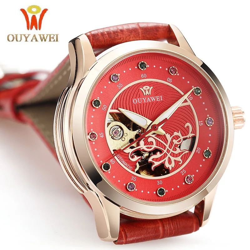 

Hot Sale OUYAWEI 1708 Genuine Leather Band 30M Waterproof Fashion Red Skeleton Automatic Wrist Watch Women