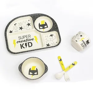 Image of 100% Eco friendly Chinese New product Baby Plate Biodegradable Bamboo Fiber Cute Printing Kids Dish Dining Table Set of 5