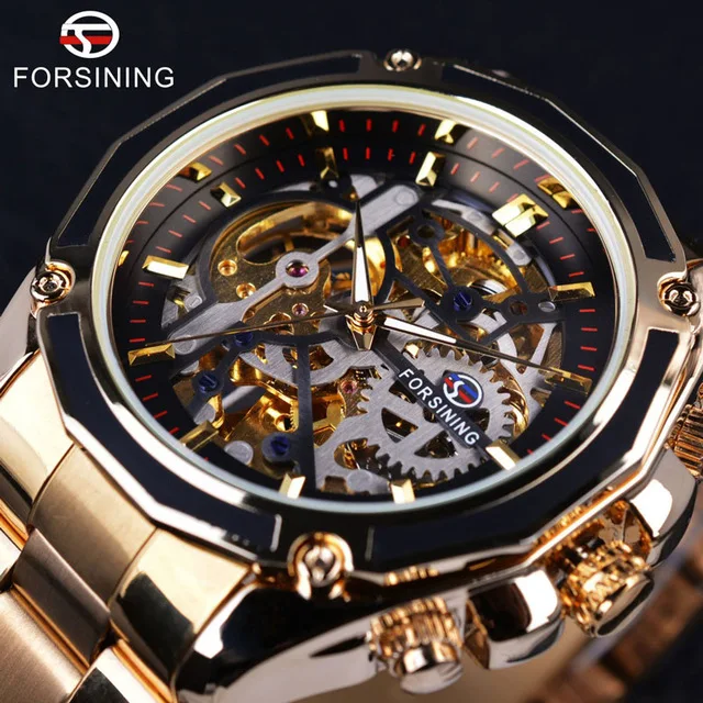 

Forsining Watch Steampunk Design Fashion Business Dress Men Watch Top Brand Luxury Stainless Steel Automatic Skeleton Watch, 5 colors