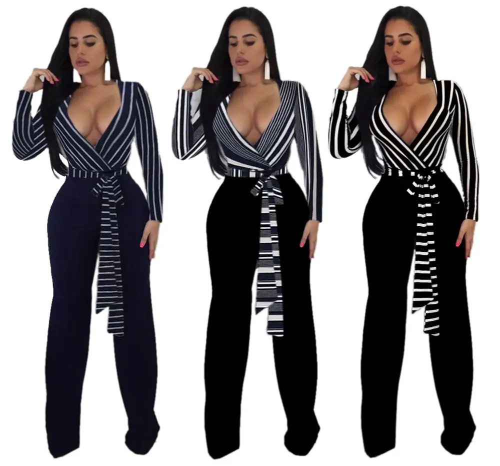 

Wholesale sexy striped wide pants v-neck jumpsuits Long sleeve jumpsuit women new autumn clothing