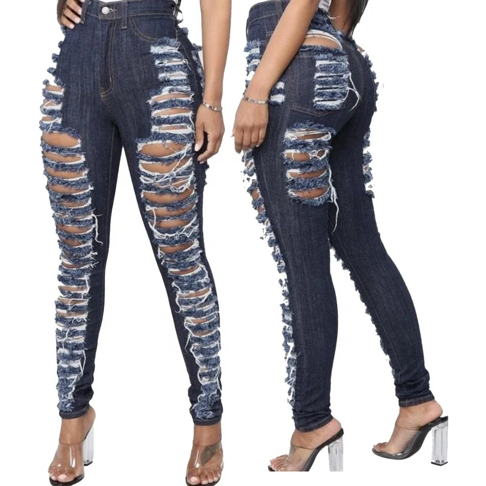 Wholesale dark blue high waist denim ripped fashion women newest slim jeans
